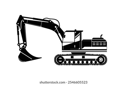 Excavator silhouette side view. Heavy equipment construction image for industry or manufacturing	