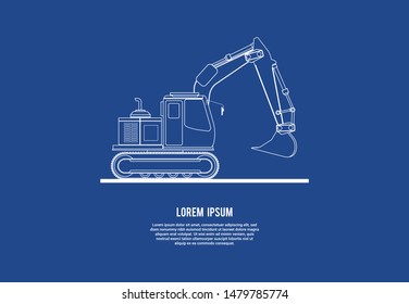 Excavator simple illustration in blue print style.