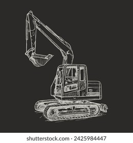 Excavator sketch isolated on black background. Hand drawn vector illustration.
