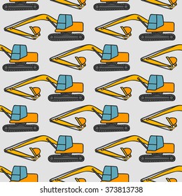 Excavator sketch. Seamless pattern with hand-drawn cartoon heavy machinery or construction icon. Doodle drawing. Vector illustration - swatch inside