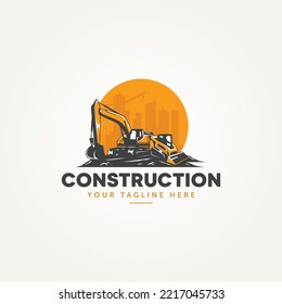 excavator and skid steer machine construction icon label logo template vector illustration design. heavy equipment land clearing machine logo concept