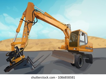 Excavator standing. Wide angle view.