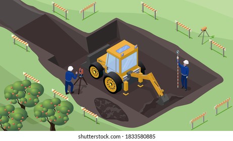 excavator and surveyors on a construction site in isometric