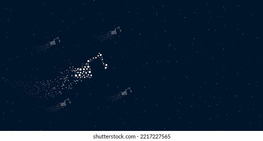 A excavator symbol filled with dots flies through the stars leaving a trail behind. Four small symbols around. Empty space for text on the right. Vector illustration on dark blue background with stars