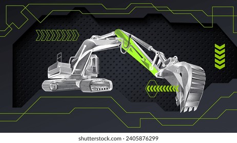 Excavator technical line art drawing. Heavy Equipment art wallpaper.