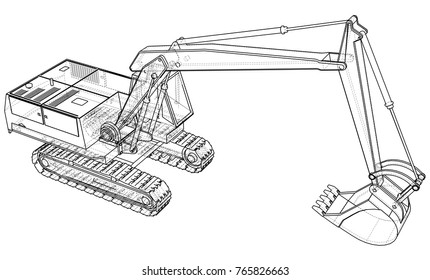 Excavator technical wire-frame. Vector rendering of 3d