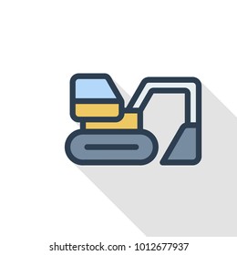 excavator thin line flat color icon. Linear vector illustration. Pictogram isolated on white background. Colorful long shadow design.