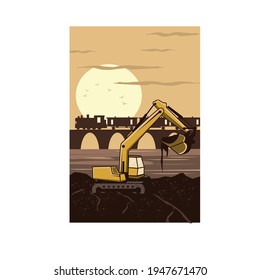 excavator and the train on the lake