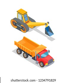 Excavator and truck with empty loading container vector. Industrial and transportation machinery, equipment with shovel and bucket, bulldozer loader