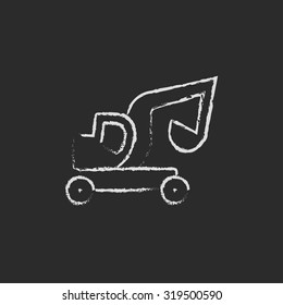 Excavator truck hand drawn in chalk on a blackboard vector white icon isolated on a black background.