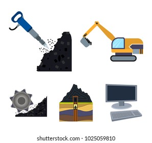 Excavator, tunnel, elevator, coal harvester and other equipment. Mine set collection icons in cartoon style vector symbol stock illustration web.