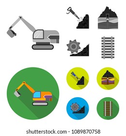 Excavator, tunnel, elevator, coal harvester and other equipment.Mine set collection icons in monochrome,flat style vector symbol stock illustration web.