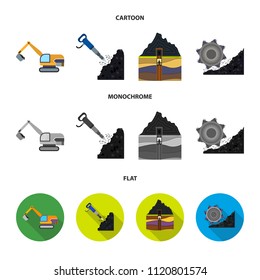 Excavator, tunnel, elevator, coal harvester and other equipment.Mine set collection icons in cartoon,flat,monochrome style vector symbol stock illustration web.