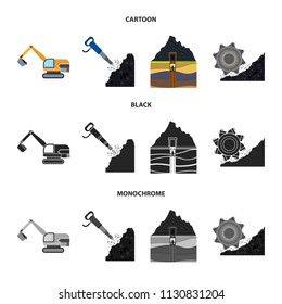 Excavator, tunnel, elevator, coal harvester and other equipment.Mine set collection icons in cartoon,black,monochrome style vector symbol stock illustration web.