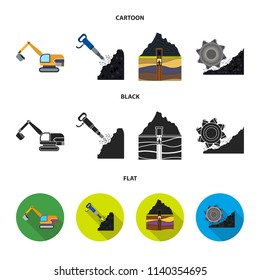 Excavator, tunnel, elevator, coal harvester and other equipment.Mine set collection icons in cartoon,black,flat style vector symbol stock illustration web.