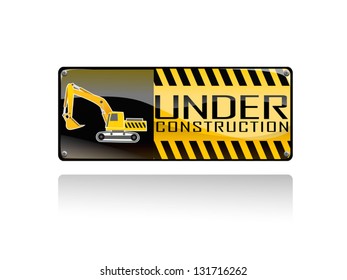 Excavator and under construction sign on white background