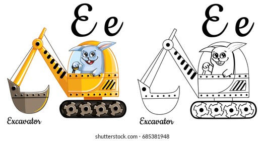 Excavator. Vector alphabet letter E, coloring page