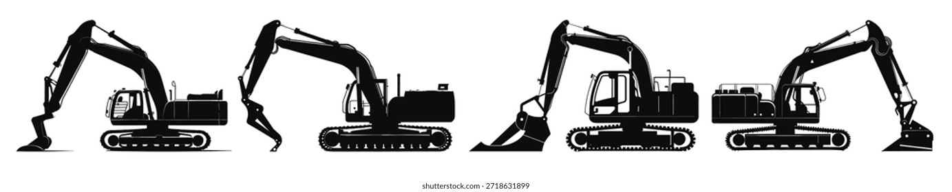 Excavadora Vector negro conjunto de silueta excavadora compacta