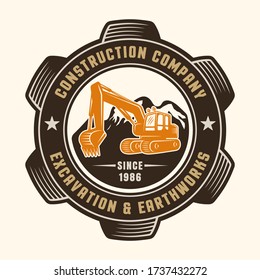 Excavator vector colored round gear emblem, badge, logo, label or patch isolated on light background