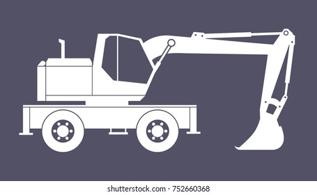 excavator vector flat illustration on dark blue background