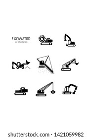 Excavator - vector icons set. Symbol for web, infographics, print design and mobile UX/UI kit. Vector illustration, EPS10.