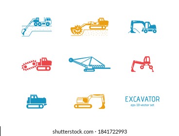 Excavator - vector icons set. Symbol for web, infographics, print design and mobile UX/UI kit. Vector illustration, EPS10.