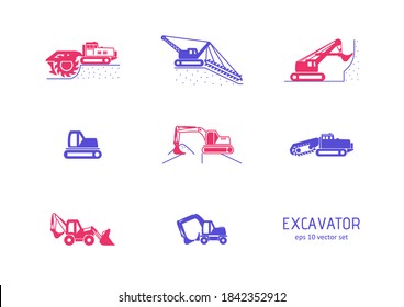 Excavator - conjunto de iconos vectoriales. Símbolo de web, infografía, diseño de impresión y kit de UX/UI móvil. Ilustración del vector, EPS10.