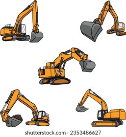 Excavator vector illustration collection. Excavator element heavy equipment work. Transportation vehicle for mining and construction .