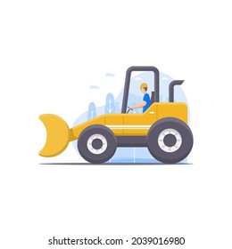 excavator vector illustration decorated with character elements of workers operating an excavator and designed with city scenery illustration elements as the background of the excavator