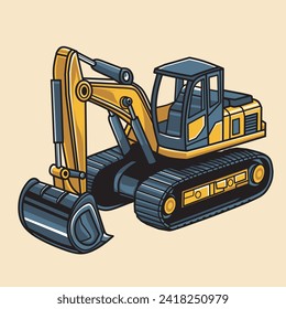 Excavator. Vector illustration of one excavator isolated on a white background. Construction, building, heavy machine, industrial machinery, mining industry illustration