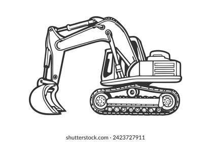 Excavator. Vector illustration of one excavator isolated on a white background. Construction, industrial machinery, mining industry illustration, coloring book