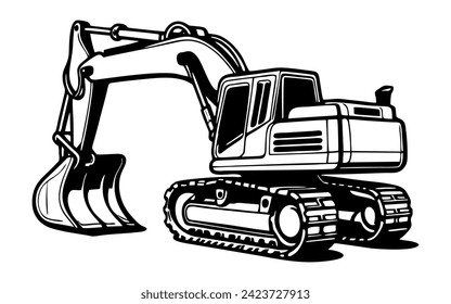 Excavator. Vector illustration of one excavator isolated on a white background. Construction, industrial machinery, mining industry illustration, coloring book