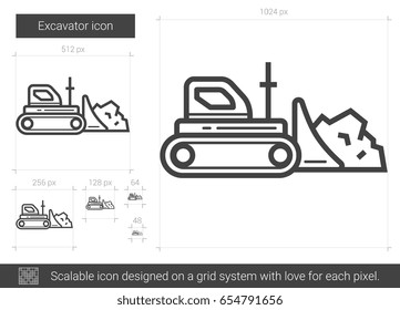 Excavator vector line icon isolated on white background. Excavator line icon for infographic, website or app. Scalable icon designed on a grid system.
