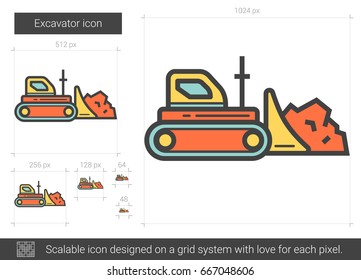 Excavator vector line icon isolated on white background. Excavator line icon for infographic, website or app. Scalable icon designed on a grid system.