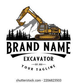 excavator vector logo. mountain and pine tree excavators for construction, land clearing and construction companies.