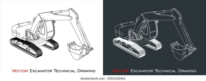 Vector de excavadora. plano de dibujo de línea de alambre. Equipo pesado para la empresa de construcción. ilustración para la Plantilla.