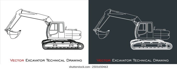 Vector de excavadora. plano de dibujo de línea de alambre. Equipo pesado para la empresa de construcción. ilustración para la Plantilla.