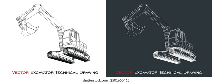 Excavator vector. wireframe line drawing blueprint. Heavy equipment for construction company. illustration for  template.