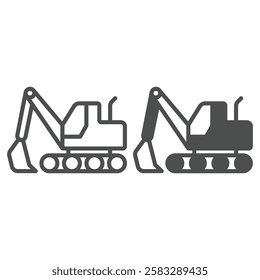 Excavator vehicle with basket line and solid icon, construction site concept. Vector graphics. Heavy equipment transport sign on white background, outline style icon for mobile or web design