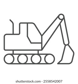 Excavator vehicle with basket thin line icon, construction site concept. Vector graphics. Heavy equipment transport sign on white background, outline style icon for mobile or web design