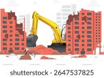 Excavator vehicle working construction site. Vector Illustration