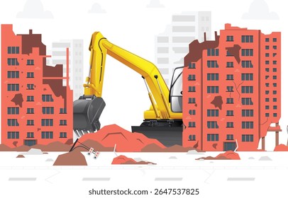 Excavator vehicle working construction site. Vector Illustration