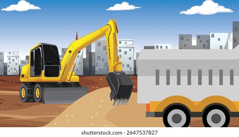 Excavator vehicle working construction site. Vector Illustration