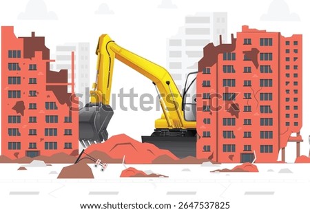 Excavator vehicle working construction site. Vector Illustration