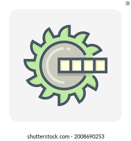 Excavator wheel bucket vector icon. Giant digger or big machine equipment with power and technology for spinning, digging to scoop coal, lignite, ore in mine, quarry or mining industry. 64x64 pixel.
