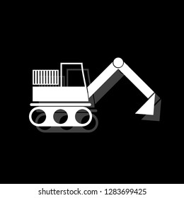 Excavator. White flat simple icon with shadow