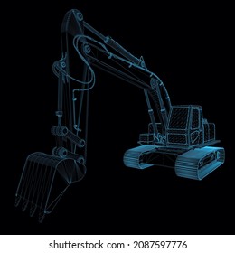 Excavator wireframe from blue lines isolated on dark background. Perspective view. 3D. Vector illustration