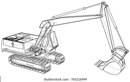 Excavator. Wire-frame. EPS10 format. Vector rendering of 3d