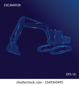 Excavator wireframe futuristic design concept vector illustration of construction equipment