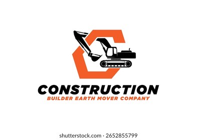 Escavadora dentro de um projeto de logotipo inicial de letra C hexágono. indústria de equipamentos pesados de movimentação da terra, ilustração vetorial.